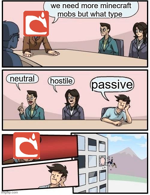 mojang pls stop | we need more minecraft mobs but what type; neutral; hostile; passive | image tagged in memes,boardroom meeting suggestion | made w/ Imgflip meme maker