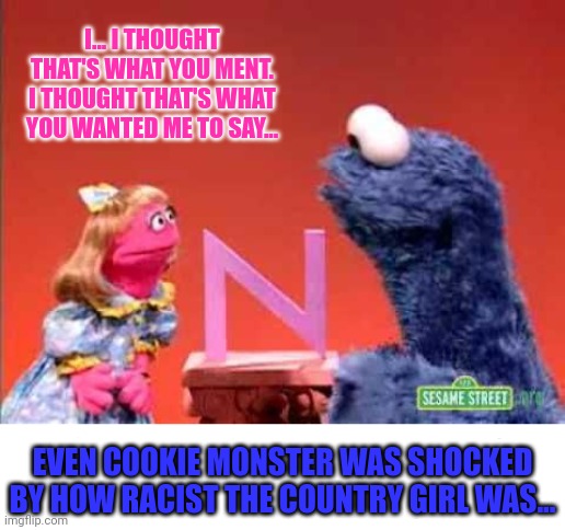 Sesame street lost episodes | I... I THOUGHT THAT'S WHAT YOU MENT. I THOUGHT THAT'S WHAT YOU WANTED ME TO SAY... EVEN COOKIE MONSTER WAS SHOCKED BY HOW RACIST THE COUNTRY GIRL WAS... | image tagged in but why why would you do that,sesame street,lost,episodes,no | made w/ Imgflip meme maker