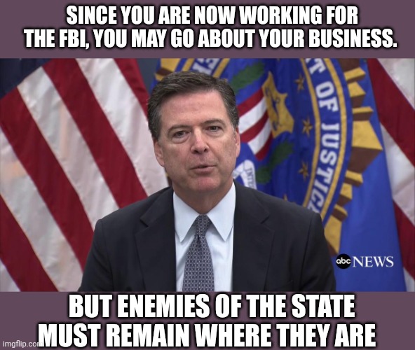 FBI Director James Comey | SINCE YOU ARE NOW WORKING FOR THE FBI, YOU MAY GO ABOUT YOUR BUSINESS. BUT ENEMIES OF THE STATE MUST REMAIN WHERE THEY ARE | image tagged in fbi director james comey | made w/ Imgflip meme maker