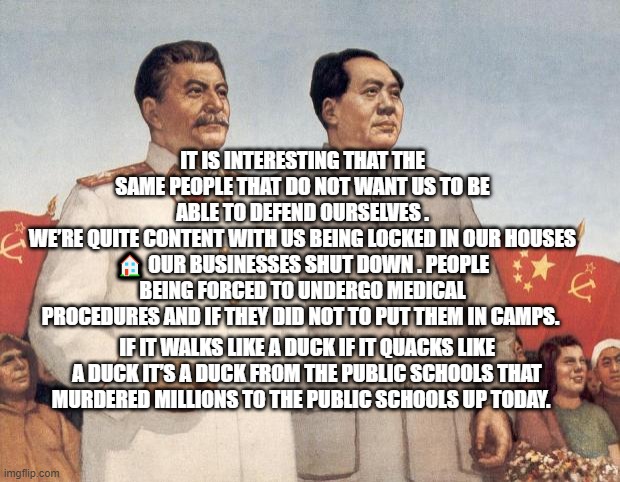 Stalin and Mao | IT IS INTERESTING THAT THE SAME PEOPLE THAT DO NOT WANT US TO BE ABLE TO DEFEND OURSELVES .
WE’RE QUITE CONTENT WITH US BEING LOCKED IN OUR HOUSES 🏠 OUR BUSINESSES SHUT DOWN . PEOPLE BEING FORCED TO UNDERGO MEDICAL PROCEDURES AND IF THEY DID NOT TO PUT THEM IN CAMPS. IF IT WALKS LIKE A DUCK IF IT QUACKS LIKE A DUCK IT’S A DUCK FROM THE PUBLIC SCHOOLS THAT MURDERED MILLIONS TO THE PUBLIC SCHOOLS UP TODAY. ￼￼ | image tagged in stalin and mao | made w/ Imgflip meme maker