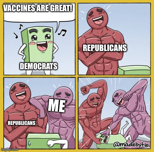 Come at me Democrats | VACCINES ARE GREAT! REPUBLICANS; DEMOCRATS; ME; REPUBLICANS | image tagged in guy getting beat up | made w/ Imgflip meme maker