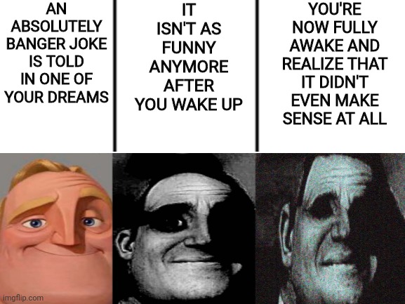 AN ABSOLUTELY BANGER JOKE IS TOLD IN ONE OF YOUR DREAMS; IT ISN'T AS FUNNY ANYMORE AFTER YOU WAKE UP; YOU'RE NOW FULLY AWAKE AND REALIZE THAT IT DIDN'T EVEN MAKE SENSE AT ALL | image tagged in memes,dreams,mr incredible becoming uncanny | made w/ Imgflip meme maker