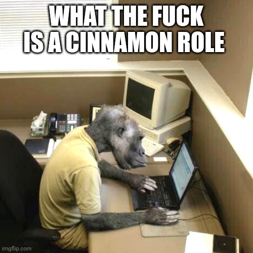 Monkey Business Meme | WHAT THE FUCK IS A CINNAMON ROLE | image tagged in monkey business | made w/ Imgflip meme maker