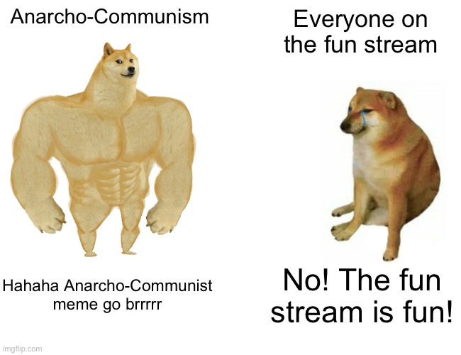 Buff Doge vs. Cheems | Anarcho-Communism; Everyone on the fun stream; Hahaha Anarcho-Communist meme go brrrrr; No! The fun stream is fun! | image tagged in memes,buff doge vs cheems,anarchy,funny memes,go brrr,meme | made w/ Imgflip meme maker