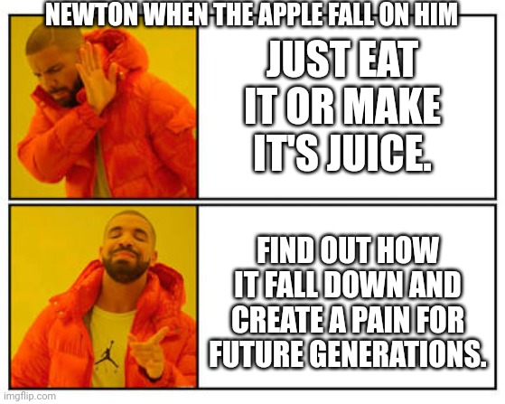 Newton with the apple | NEWTON WHEN THE APPLE FALL ON HIM; JUST EAT IT OR MAKE IT'S JUICE. FIND OUT HOW IT FALL DOWN AND CREATE A PAIN FOR FUTURE GENERATIONS. | image tagged in no - yes | made w/ Imgflip meme maker