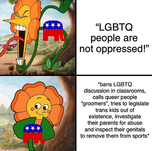 Conservatives are monsters | “LGBTQ people are not oppressed!”; *bans LGBTQ discussion in classrooms, calls queer people “groomers”, tries to legislate trans kids out of existence, investigate their parents for abuse and inspect their genitals to remove them from sports* | image tagged in angry flower,lgbtq,transphobic,pride month,conservative logic,bigotry | made w/ Imgflip meme maker