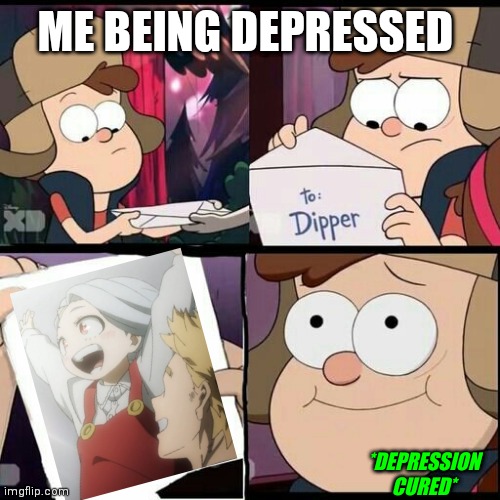 My hero academia s4 |  ME BEING DEPRESSED; *DEPRESSION CURED* | image tagged in gravity falls note,mha,my hero academia,eri | made w/ Imgflip meme maker