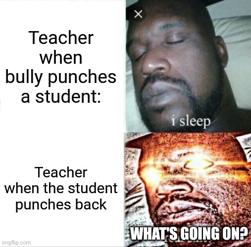 What's going on?! |  Teacher when bully punches a student:; Teacher when the student punches back; WHAT'S GOING ON? | image tagged in memes,sleeping shaq,bully,teachers,school | made w/ Imgflip meme maker