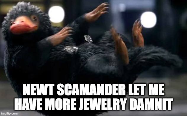 Newt Scamander is a jerk to his sniffler | NEWT SCAMANDER LET ME HAVE MORE JEWELRY DAMNIT | made w/ Imgflip meme maker