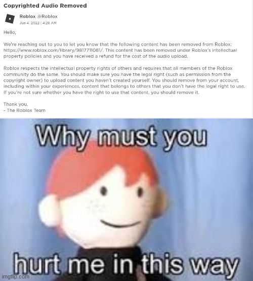 come onnnn :( | image tagged in why must you hurt me in this way,roblox,copyright | made w/ Imgflip meme maker