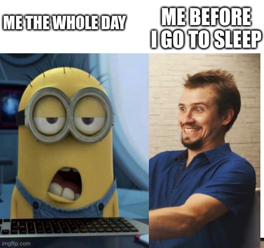 ME BEFORE I GO TO SLEEP; ME THE WHOLE DAY | image tagged in blank white template,lol,sleep,so true | made w/ Imgflip meme maker
