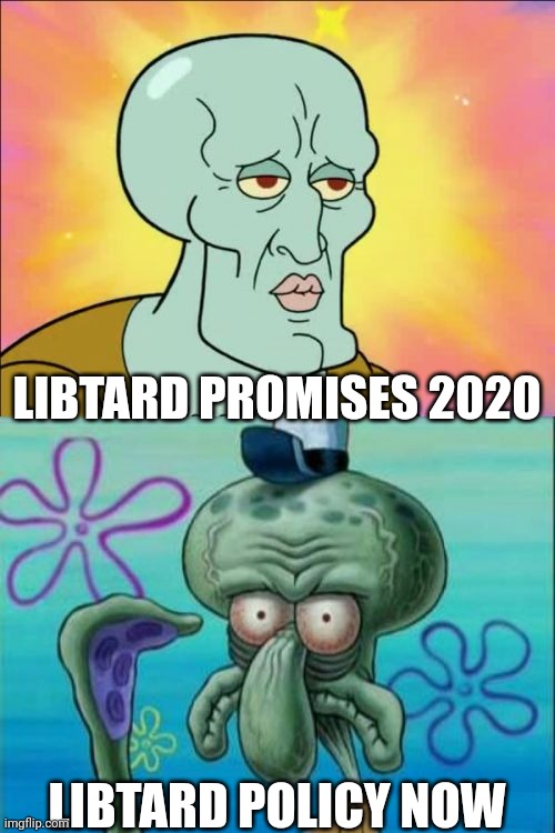 Squidward | LIBTARD PROMISES 2020; LIBTARD POLICY NOW | image tagged in memes,squidward | made w/ Imgflip meme maker