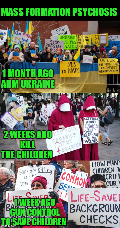 SJW is truly a special breed |  MASS FORMATION PSYCHOSIS; 1 MONTH AGO
ARM UKRAINE; 2 WEEKS AGO
KILL THE CHILDREN; 1 WEEK AGO
GUN CONTROL TO SAVE CHILDREN | image tagged in sjw triggered,angry sjw | made w/ Imgflip meme maker