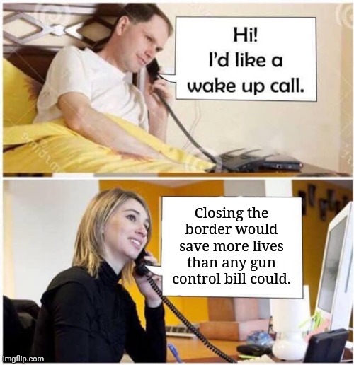 Closing the border would save countless lives. | Closing the border would save more lives than any gun control bill could. | image tagged in wake up call - 2 panel | made w/ Imgflip meme maker