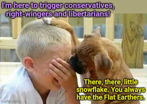 When their triggers melt | I'm here to trigger conservatives, right-wingers and libertarians! There, there, little snowflake. You always have the Flat Earthers. | image tagged in dog comforts crying kid,liberal tears,leftists,triggered liberal,imgflip trolls,satire | made w/ Imgflip meme maker