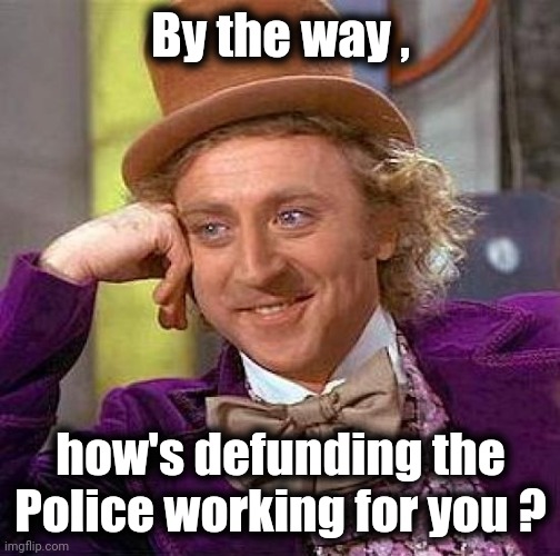 Creepy Condescending Wonka Meme | By the way , how's defunding the Police working for you ? | image tagged in memes,creepy condescending wonka | made w/ Imgflip meme maker