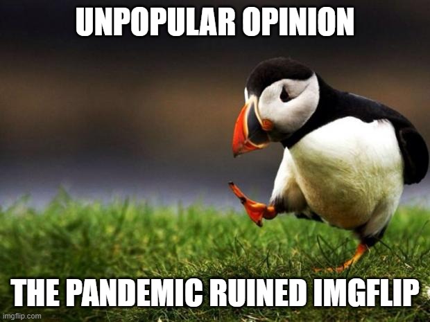 Unpopular Opinion Puffin Meme | UNPOPULAR OPINION THE PANDEMIC RUINED IMGFLIP | image tagged in memes,unpopular opinion puffin | made w/ Imgflip meme maker