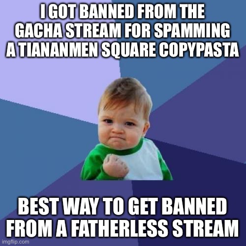 Success Kid | I GOT BANNED FROM THE GACHA STREAM FOR SPAMMING A TIANANMEN SQUARE COPYPASTA; BEST WAY TO GET BANNED FROM A FATHERLESS STREAM | image tagged in memes,success kid | made w/ Imgflip meme maker