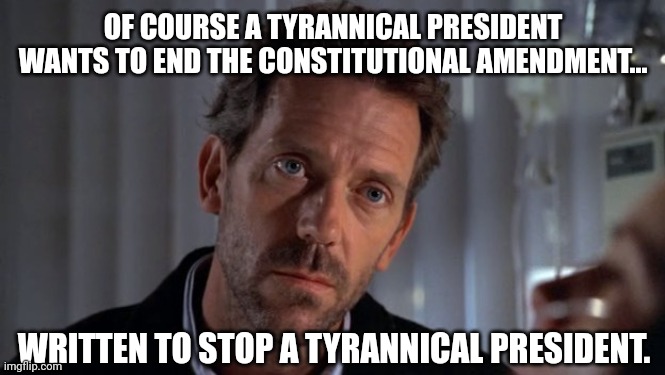 Of course. | OF COURSE A TYRANNICAL PRESIDENT WANTS TO END THE CONSTITUTIONAL AMENDMENT... WRITTEN TO STOP A TYRANNICAL PRESIDENT. | image tagged in sarcastic house | made w/ Imgflip meme maker