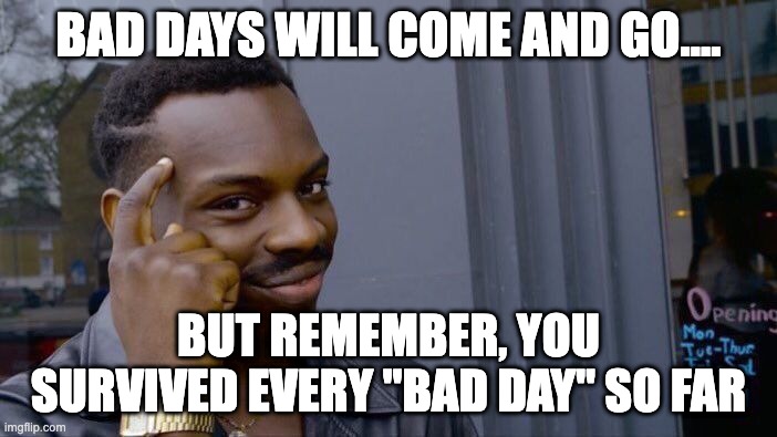 Help (If you need it) | BAD DAYS WILL COME AND GO.... BUT REMEMBER, YOU SURVIVED EVERY "BAD DAY" SO FAR | image tagged in memes,roll safe think about it | made w/ Imgflip meme maker