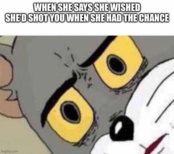 Hmm | WHEN SHE SAYS SHE WISHED SHE’D SHOT YOU WHEN SHE HAD THE CHANCE | image tagged in tom cat unsettled close up,bruh moment | made w/ Imgflip meme maker