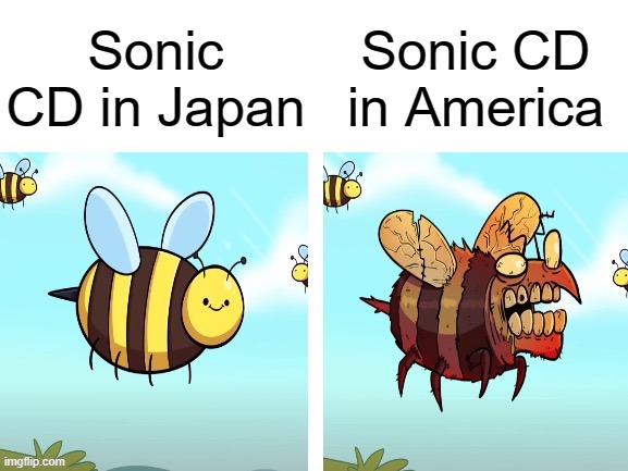 Bee version of Sonic CD in Japan vs. America | Sonic CD in Japan; Sonic CD in America | image tagged in bees are terrifying,sonic the hedgehog | made w/ Imgflip meme maker