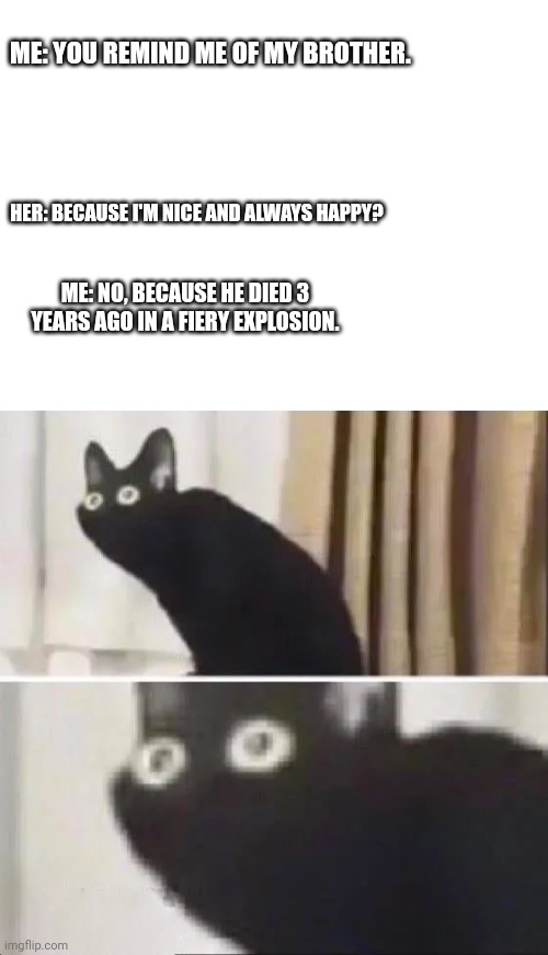 Wait what?!!! | ME: YOU REMIND ME OF MY BROTHER. HER: BECAUSE I'M NICE AND ALWAYS HAPPY? ME: NO, BECAUSE HE DIED 3 YEARS AGO IN A FIERY EXPLOSION. | image tagged in blank white template,oh no black cat | made w/ Imgflip meme maker