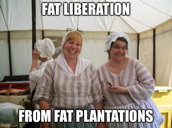 Fat Liberations |  FAT LIBERATION; FROM FAT PLANTATIONS | image tagged in fat,slavery,slaves,liberal logic,liberty | made w/ Imgflip meme maker