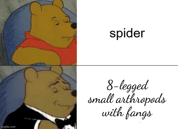 Fancy | spider; 8-legged small arthropods with fangs | image tagged in memes,tuxedo winnie the pooh | made w/ Imgflip meme maker