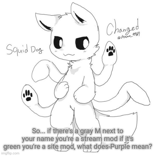 Squid dog | So... if there's a gray M next to your name you're a stream mod if it's green you're a site mod, what does Purple mean? | image tagged in squid dog | made w/ Imgflip meme maker