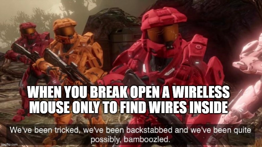 We've been tricked | WHEN YOU BREAK OPEN A WIRELESS MOUSE ONLY TO FIND WIRES INSIDE | image tagged in we've been tricked | made w/ Imgflip meme maker