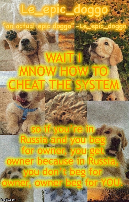 Doggo temp by doggo. Wait what that’s confusing | WAIT I MNOW HOW TO CHEAT THE SYSTEM; so if you’re in Russia and you beg for owner, you get owner because in Russia, you don’t beg for owner, owner beg for YOU. | image tagged in doggo temp by doggo wait what that s confusing | made w/ Imgflip meme maker