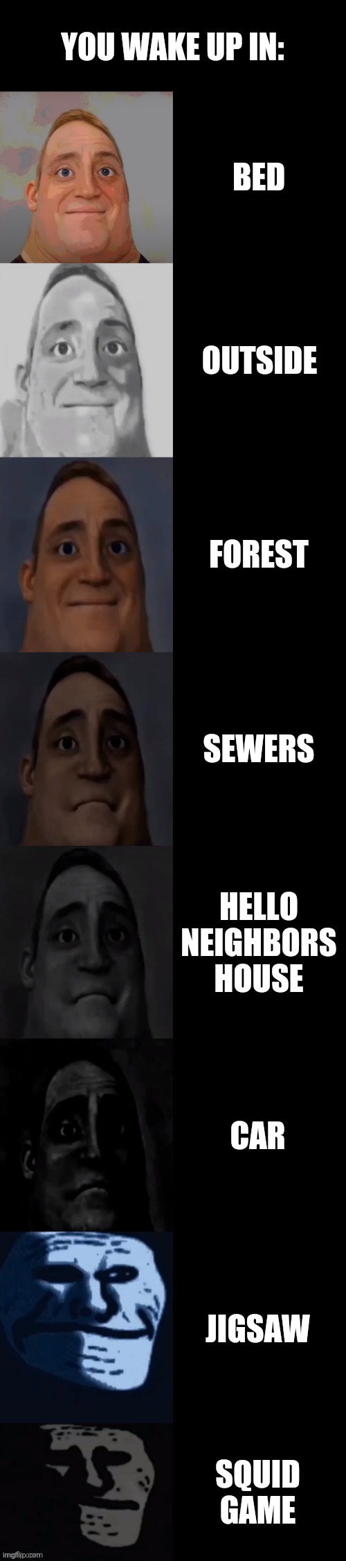 Where did you wake up | YOU WAKE UP IN:; BED; OUTSIDE; FOREST; SEWERS; HELLO NEIGHBORS HOUSE; CAR; JIGSAW; SQUID GAME | image tagged in mr incredible becoming sad | made w/ Imgflip meme maker