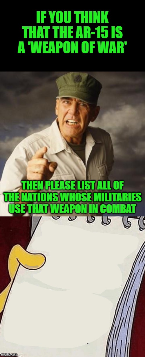 I'll wait | IF YOU THINK THAT THE AR-15 IS A 'WEAPON OF WAR'; THEN PLEASE LIST ALL OF THE NATIONS WHOSE MILITARIES USE THAT WEAPON IN COMBAT | image tagged in r lee ermey,blank paper,gun control,weapon of war,ar15,biden | made w/ Imgflip meme maker