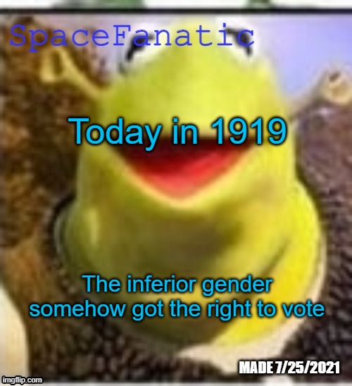 /j | Today in 1919; The inferior gender somehow got the right to vote | image tagged in spacefanatic announcement temp | made w/ Imgflip meme maker