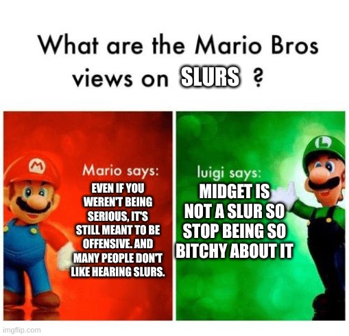 which side are you on? | SLURS; EVEN IF YOU WEREN'T BEING SERIOUS, IT'S STILL MEANT TO BE OFFENSIVE. AND MANY PEOPLE DON'T LIKE HEARING SLURS. MIDGET IS NOT A SLUR SO STOP BEING SO BITCHY ABOUT IT | image tagged in mario says luigi says | made w/ Imgflip meme maker