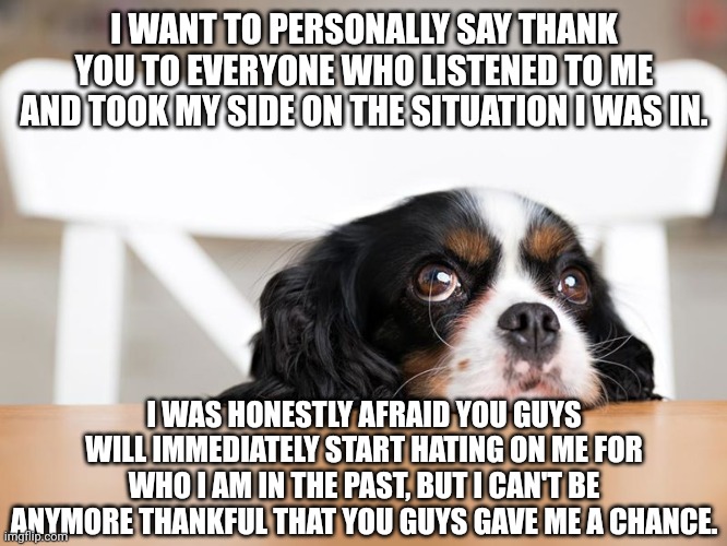 Thank You | I WANT TO PERSONALLY SAY THANK YOU TO EVERYONE WHO LISTENED TO ME AND TOOK MY SIDE ON THE SITUATION I WAS IN. I WAS HONESTLY AFRAID YOU GUYS WILL IMMEDIATELY START HATING ON ME FOR WHO I AM IN THE PAST, BUT I CAN'T BE ANYMORE THANKFUL THAT YOU GUYS GAVE ME A CHANCE. | made w/ Imgflip meme maker