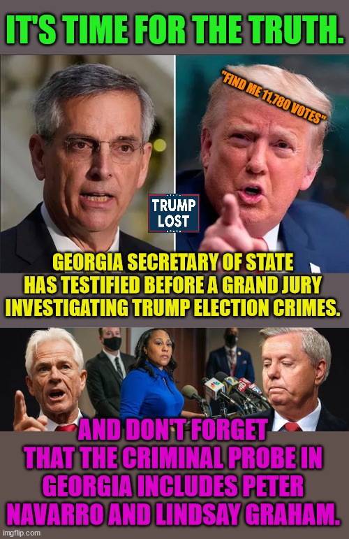 Tick tock.....Insurrection and election fraud are crimes in the USA. | IT'S TIME FOR THE TRUTH. "FIND ME 11,780 VOTES"; GEORGIA SECRETARY OF STATE HAS TESTIFIED BEFORE A GRAND JURY INVESTIGATING TRUMP ELECTION CRIMES. AND DON'T FORGET THAT THE CRIMINAL PROBE IN GEORGIA INCLUDES PETER NAVARRO AND LINDSAY GRAHAM. | image tagged in trump lost,j4j6,biden,insurrection | made w/ Imgflip meme maker