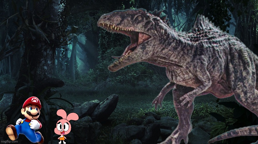 Mario and Anais escapes from a Giganotosaurus.mp3 | image tagged in mario,jurassic park,jurassic world,dinosaur,tawog,the amazing world of gumball | made w/ Imgflip meme maker