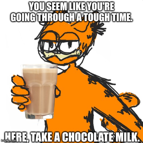 garfield offers you chocolate milk | YOU SEEM LIKE YOU'RE GOING THROUGH A TOUGH TIME. HERE, TAKE A CHOCOLATE MILK. | made w/ Imgflip meme maker