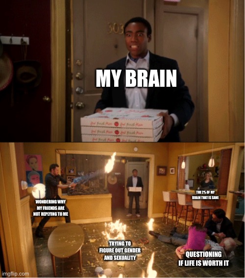 :) | MY BRAIN; THE 2% OF MY BRAIN THAT IS SANE; WONDERING WHY MY FRIENDS ARE NOT REPLYING TO ME; TRYING TO FIGURE OUT GENDER AND SEXUALITY; QUESTIONING IF LIFE IS WORTH IT | image tagged in community fire pizza meme | made w/ Imgflip meme maker