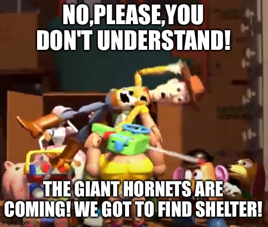 No, please, you don't understand! | NO,PLEASE,YOU DON'T UNDERSTAND! THE GIANT HORNETS ARE COMING! WE GOT TO FIND SHELTER! | image tagged in no please you don't understand | made w/ Imgflip meme maker