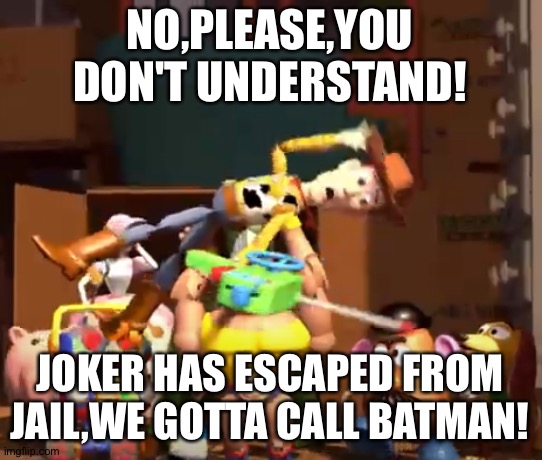 No, please, you don't understand! | NO,PLEASE,YOU DON'T UNDERSTAND! JOKER HAS ESCAPED FROM JAIL,WE GOTTA CALL BATMAN! | image tagged in no please you don't understand | made w/ Imgflip meme maker