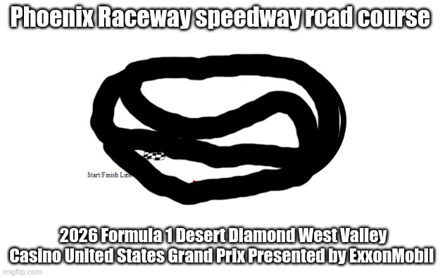 2026 United States Grand Prix at Phoenix Raceway (road course) | Phoenix Raceway speedway road course; 2026 Formula 1 Desert Diamond West Valley Casino United States Grand Prix Presented by ExxonMobil | image tagged in formula 1,f1,racing,open-wheel racing | made w/ Imgflip meme maker