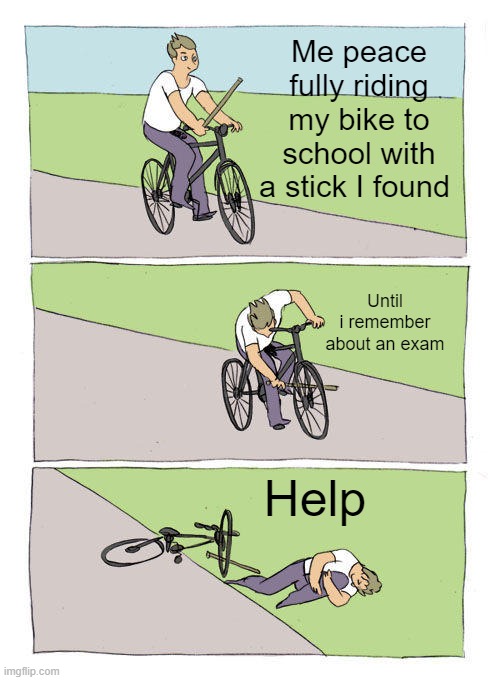 Bike Fall Meme | Me peace fully riding my bike to school with a stick I found; Until i remember about an exam; Help | image tagged in bike fall | made w/ Imgflip meme maker