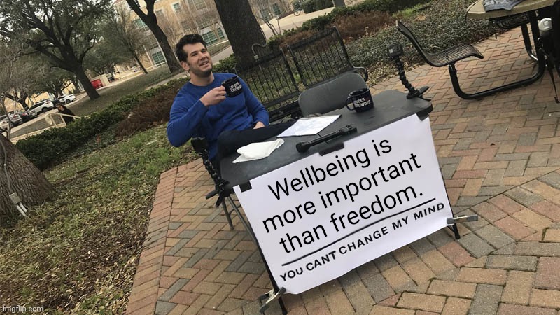 You can't change my mind | Wellbeing is
more important than freedom. | image tagged in freedom is part of wellbeing,but not the only part | made w/ Imgflip meme maker