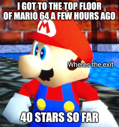 I GOT TO THE TOP FLOOR OF MARIO 64 A FEW HOURS AGO; 40 STARS SO FAR | image tagged in wheres the exit | made w/ Imgflip meme maker