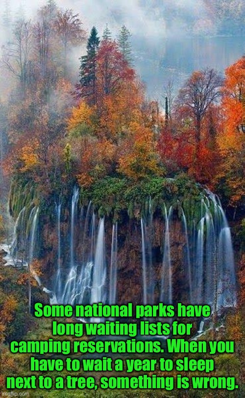 National Parks | Some national parks have long waiting lists for camping reservations. When you have to wait a year to sleep next to a tree, something is wrong. | image tagged in plitvice lakes national park,waiting lists,camping,wait a year,sleep beside,a tree | made w/ Imgflip meme maker