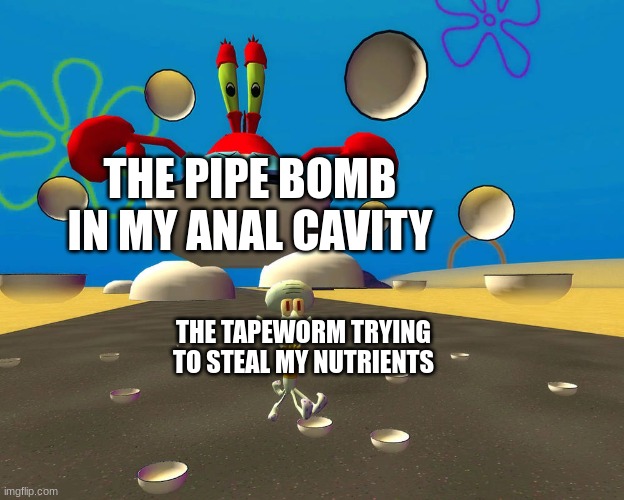 HAVE A BOWL MR SQUIDWARD | THE PIPE BOMB IN MY ANAL CAVITY; THE TAPEWORM TRYING TO STEAL MY NUTRIENTS | image tagged in have a bowl mr squidward | made w/ Imgflip meme maker