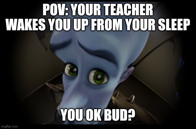 2 more weeks of school!!! | POV: YOUR TEACHER WAKES YOU UP FROM YOUR SLEEP; YOU OK BUD? | image tagged in megamind peeking,lol,funy,memes,pov,school | made w/ Imgflip meme maker